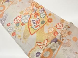 扇に花々・蝶模様織り出し袋帯